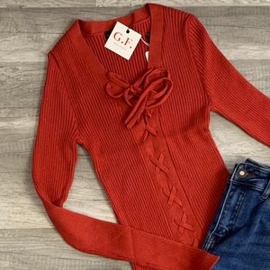 ✨NEW✨ Lace Up Long Sleeve Top Burnt Orange